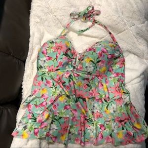 Collections by Catalina Ruffled Tankini Pink on Aqua Floral Metal Front …